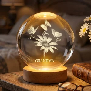Daisy Flower Butterflies Grandma Grandkids - Personalized Crystal Ball Led Night Light - Mother's Day Gift For Grandma